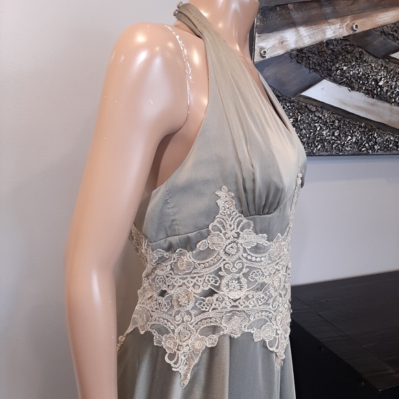 Vintage Joseph Ribkoff Halter Dress Sage Green Gold Crochet Maxi Sleeveless Gown - Picture 12 of 16